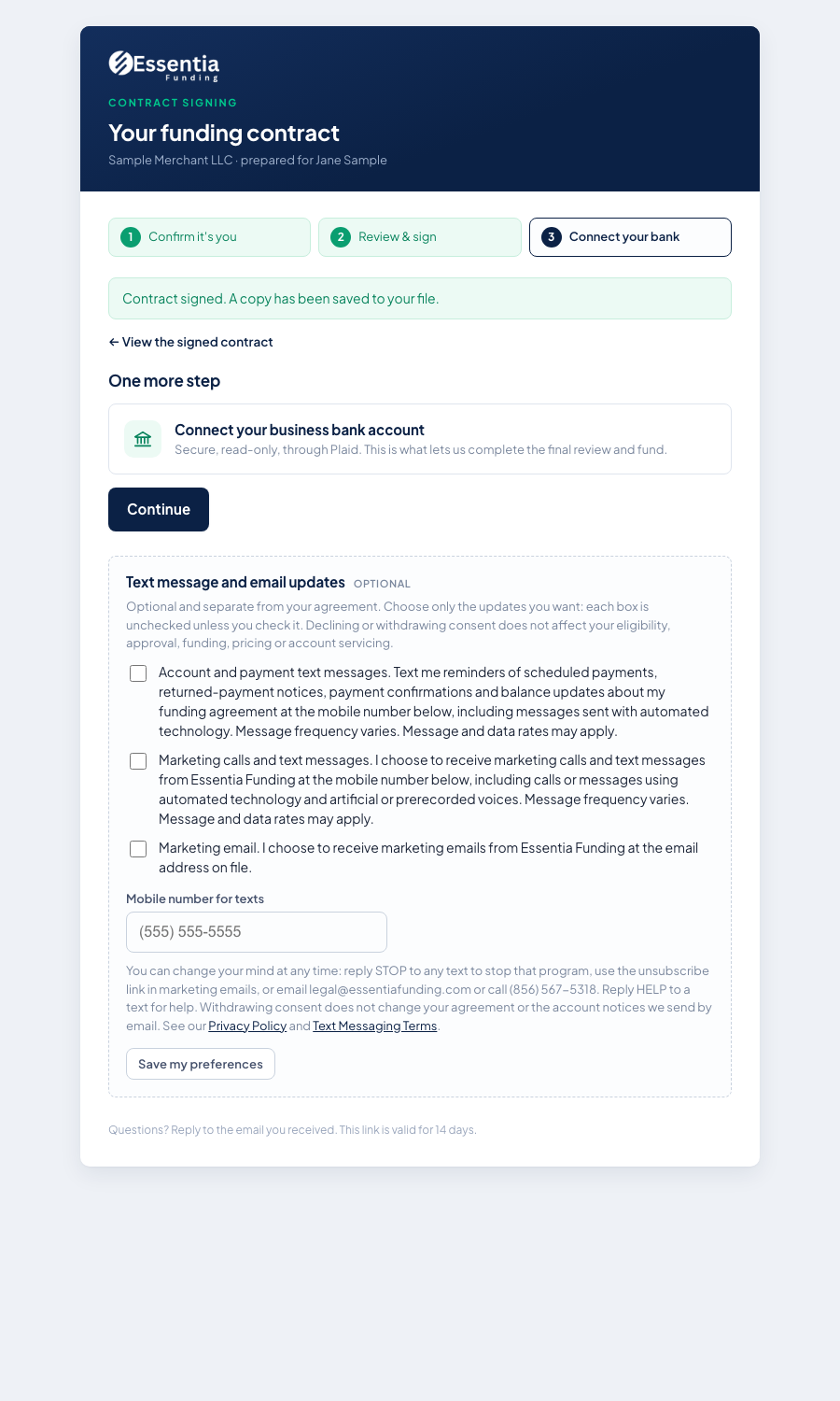 Closing page after signing: the optional text message and email updates section with three unchecked boxes and a mobile number field